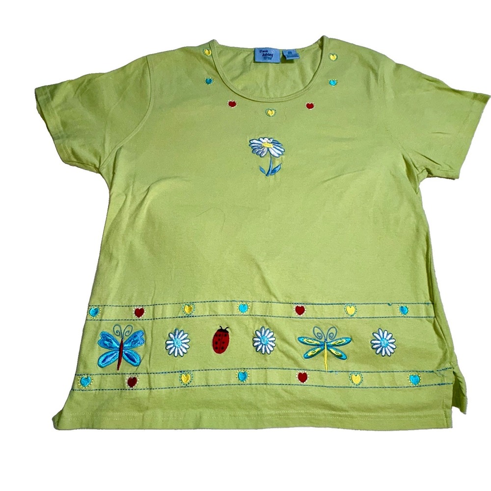 VTG Lime Green Women's Top Embroidered Flowers Butterflies Sz 2X Jane Ashley